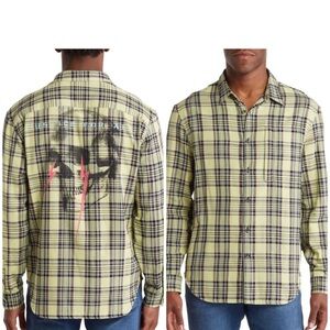NWT JOHN VARVATOS Dora Plaid Button-Up Shirt with Skull Graphic Medium